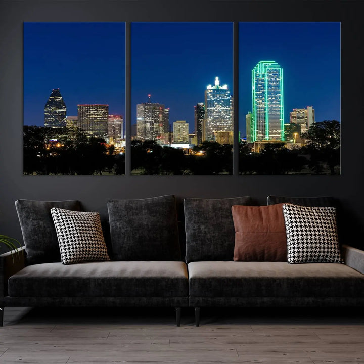 The "Dallas City Night Blue Skyline Cityscape View Wall Art Canvas Print" features a triptych of a city skyline at night with brightly lit buildings, displayed on a museum-quality canvas. Enjoy free shipping.