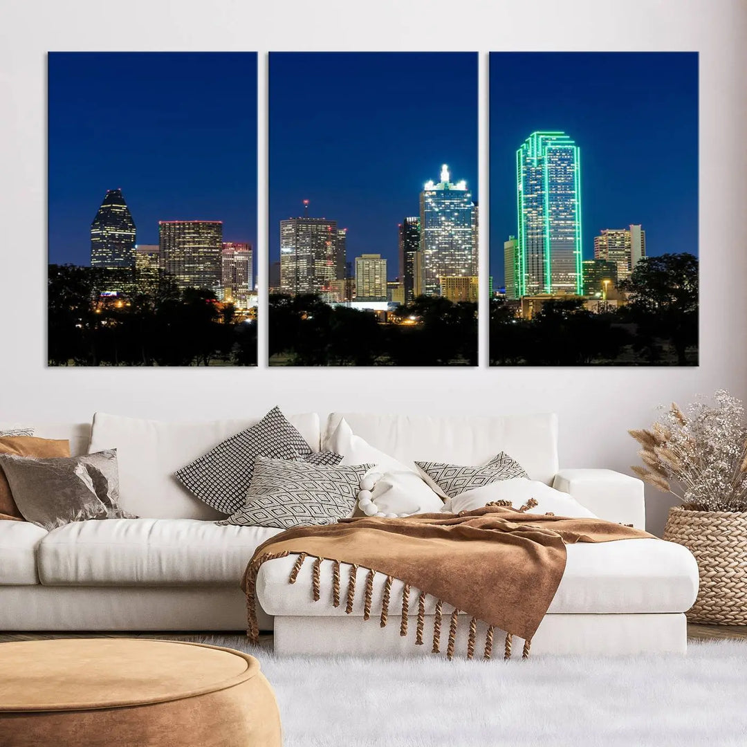 The "Dallas City Night Blue Skyline Cityscape View Wall Art Canvas Print" features a triptych of a city skyline at night with brightly lit buildings, displayed on a museum-quality canvas. Enjoy free shipping.