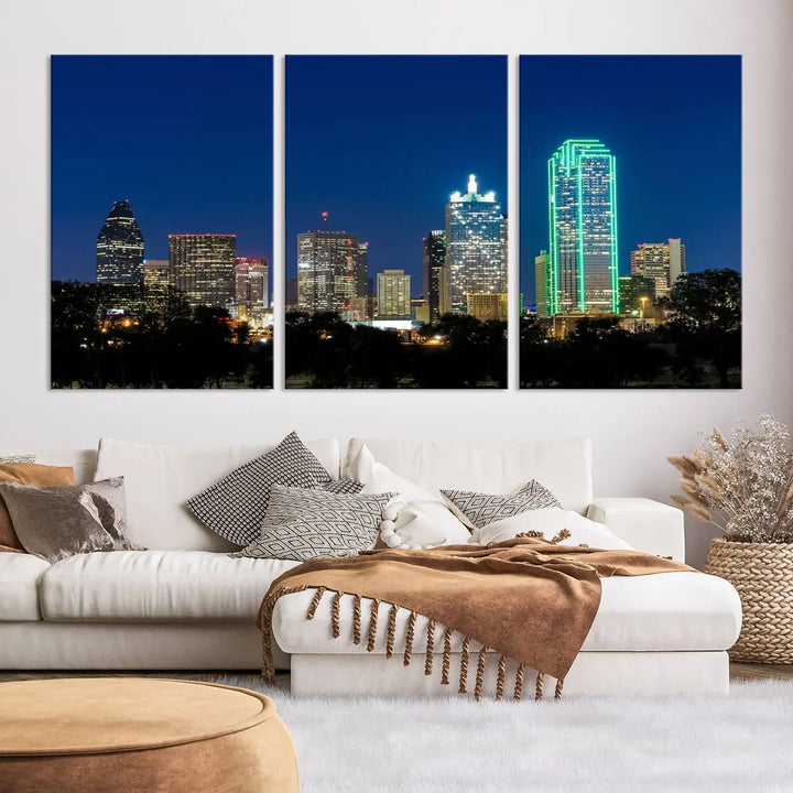 The "Dallas City Night Blue Skyline Cityscape View Wall Art Canvas Print" features a triptych of a city skyline at night with brightly lit buildings, displayed on a museum-quality canvas. Enjoy free shipping.