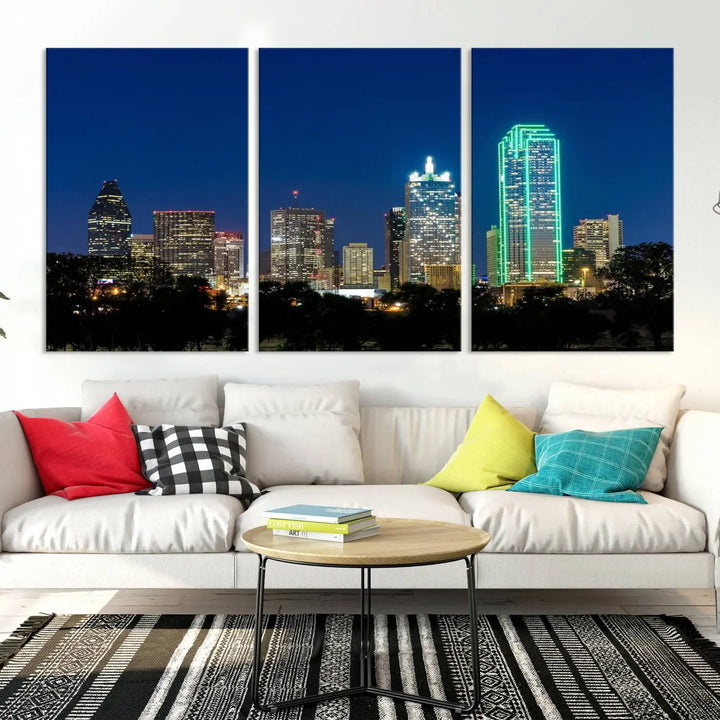 The "Dallas City Night Blue Skyline Cityscape View Wall Art Canvas Print" features a triptych of a city skyline at night with brightly lit buildings, displayed on a museum-quality canvas. Enjoy free shipping.