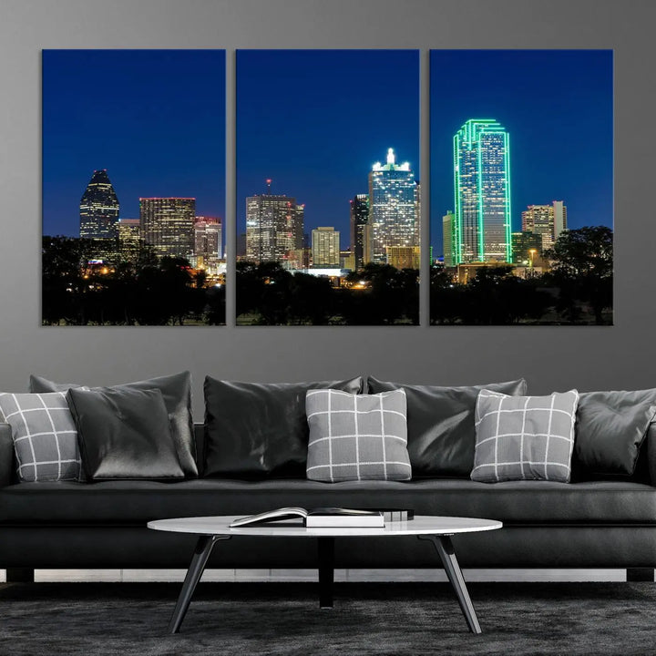 The "Dallas City Night Blue Skyline Cityscape View Wall Art Canvas Print" features a triptych of a city skyline at night with brightly lit buildings, displayed on a museum-quality canvas. Enjoy free shipping.