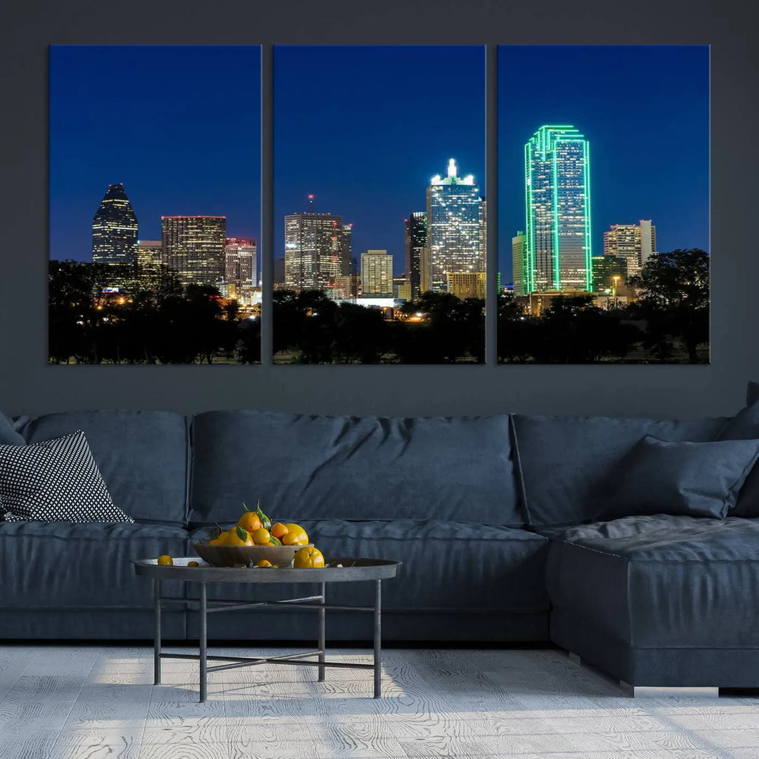 The "Dallas City Night Blue Skyline Cityscape View Wall Art Canvas Print" features a triptych of a city skyline at night with brightly lit buildings, displayed on a museum-quality canvas. Enjoy free shipping.