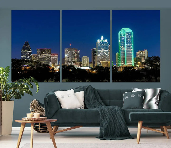 The "Dallas City Night Blue Skyline Cityscape View Wall Art Canvas Print" features a triptych of a city skyline at night with brightly lit buildings, displayed on a museum-quality canvas. Enjoy free shipping.