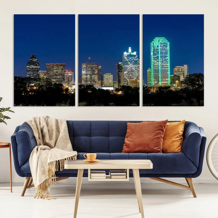 The "Dallas City Night Blue Skyline Cityscape View Wall Art Canvas Print" features a triptych of a city skyline at night with brightly lit buildings, displayed on a museum-quality canvas. Enjoy free shipping.