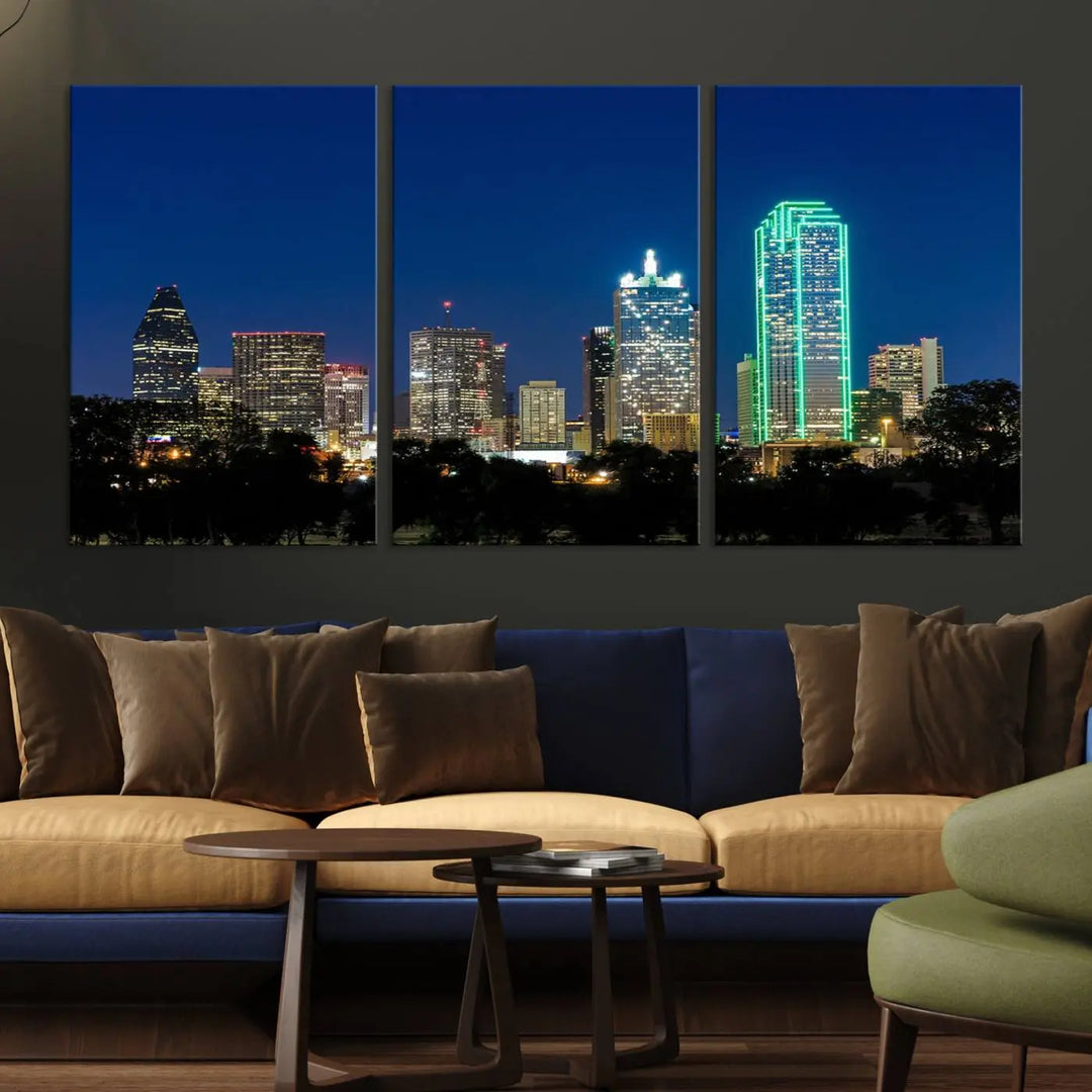 The "Dallas City Night Blue Skyline Cityscape View Wall Art Canvas Print" features a triptych of a city skyline at night with brightly lit buildings, displayed on a museum-quality canvas. Enjoy free shipping.