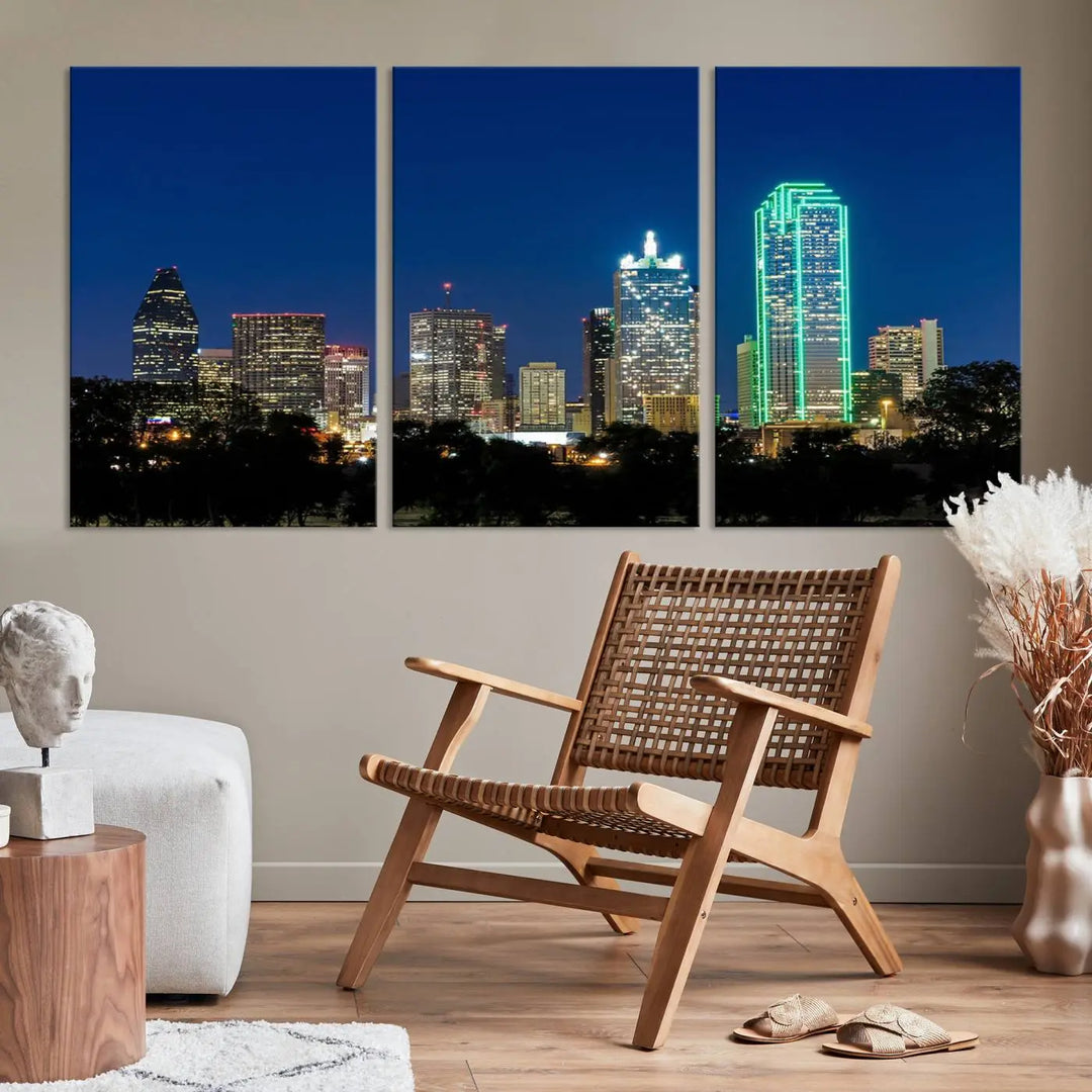 The "Dallas City Night Blue Skyline Cityscape View Wall Art Canvas Print" features a triptych of a city skyline at night with brightly lit buildings, displayed on a museum-quality canvas. Enjoy free shipping.