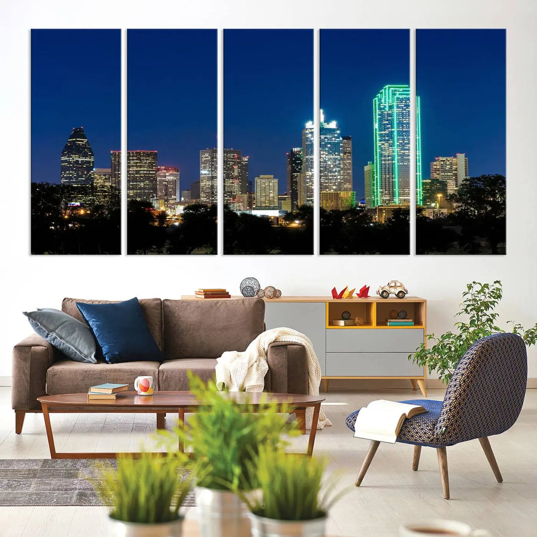 The "Dallas City Night Blue Skyline Cityscape View Wall Art Canvas Print" features a triptych of a city skyline at night with brightly lit buildings, displayed on a museum-quality canvas. Enjoy free shipping.