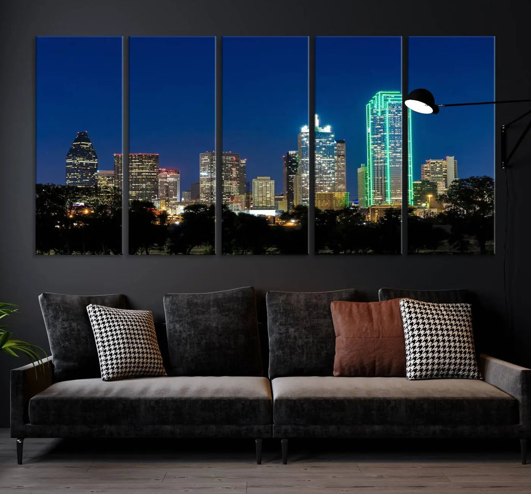 The "Dallas City Night Blue Skyline Cityscape View Wall Art Canvas Print" features a triptych of a city skyline at night with brightly lit buildings, displayed on a museum-quality canvas. Enjoy free shipping.