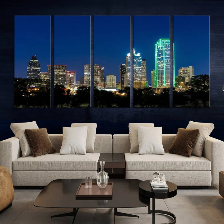 The "Dallas City Night Blue Skyline Cityscape View Wall Art Canvas Print" features a triptych of a city skyline at night with brightly lit buildings, displayed on a museum-quality canvas. Enjoy free shipping.