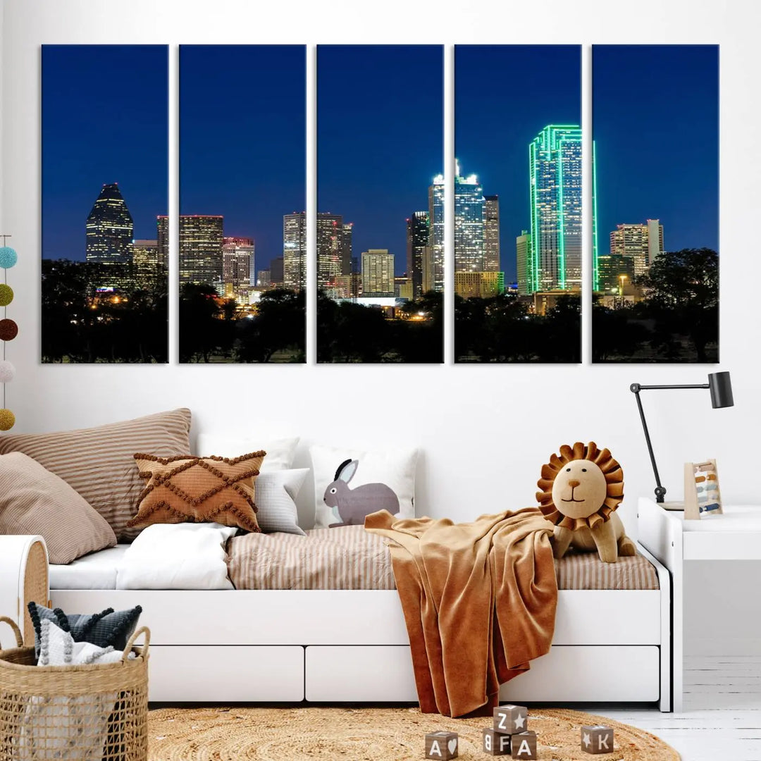 The "Dallas City Night Blue Skyline Cityscape View Wall Art Canvas Print" features a triptych of a city skyline at night with brightly lit buildings, displayed on a museum-quality canvas. Enjoy free shipping.