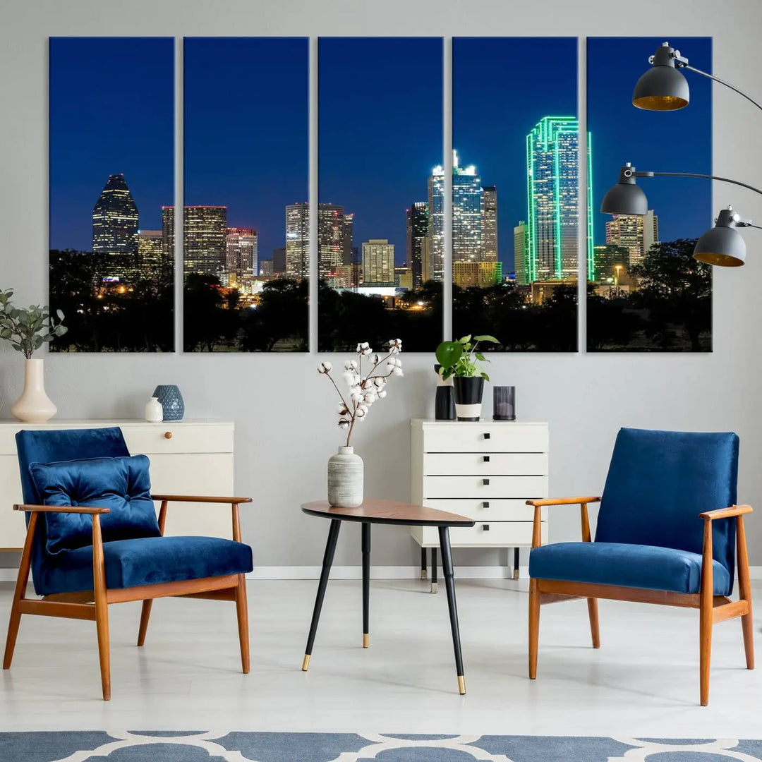 The "Dallas City Night Blue Skyline Cityscape View Wall Art Canvas Print" features a triptych of a city skyline at night with brightly lit buildings, displayed on a museum-quality canvas. Enjoy free shipping.