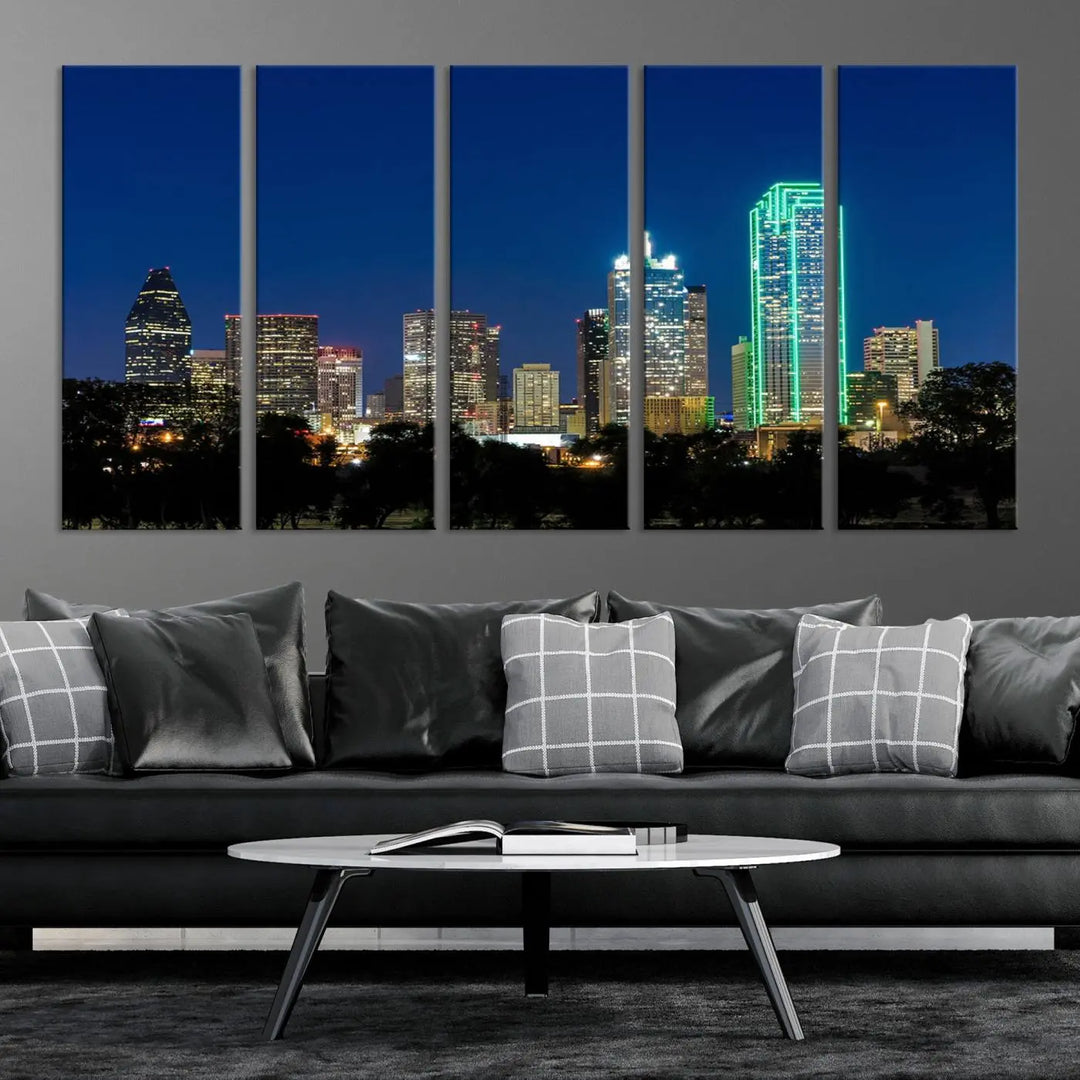 The "Dallas City Night Blue Skyline Cityscape View Wall Art Canvas Print" features a triptych of a city skyline at night with brightly lit buildings, displayed on a museum-quality canvas. Enjoy free shipping.