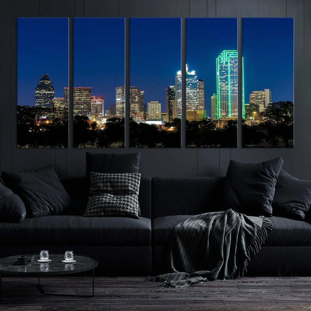 The "Dallas City Night Blue Skyline Cityscape View Wall Art Canvas Print" features a triptych of a city skyline at night with brightly lit buildings, displayed on a museum-quality canvas. Enjoy free shipping.