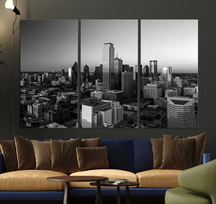 Dallas City Skyline Black and White Wall Art Cityscape Canvas Print.