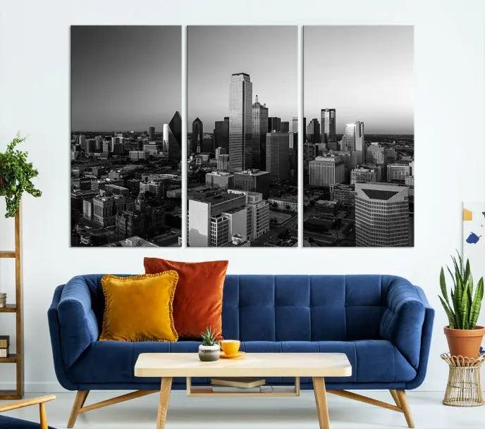 Dallas City Skyline Black and White Wall Art Cityscape Canvas Print.