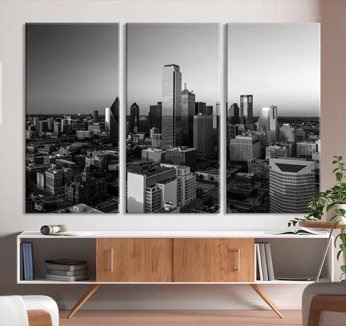 Dallas City Skyline Black and White Wall Art Cityscape Canvas Print.