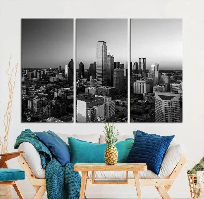 Dallas City Skyline Black and White Wall Art Cityscape Canvas Print.