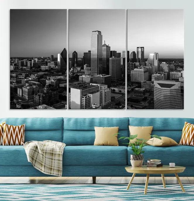 Dallas City Skyline Black and White Wall Art Cityscape Canvas Print.