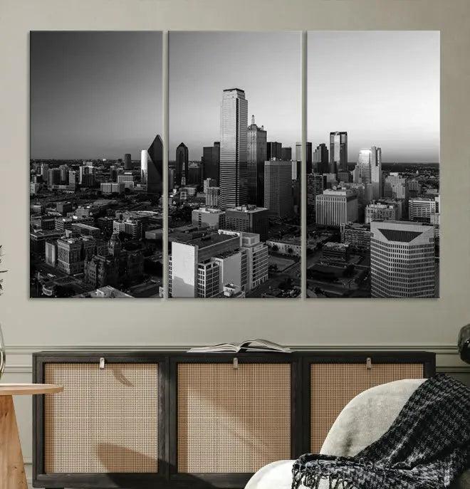 Dallas City Skyline Black and White Wall Art Cityscape Canvas Print.