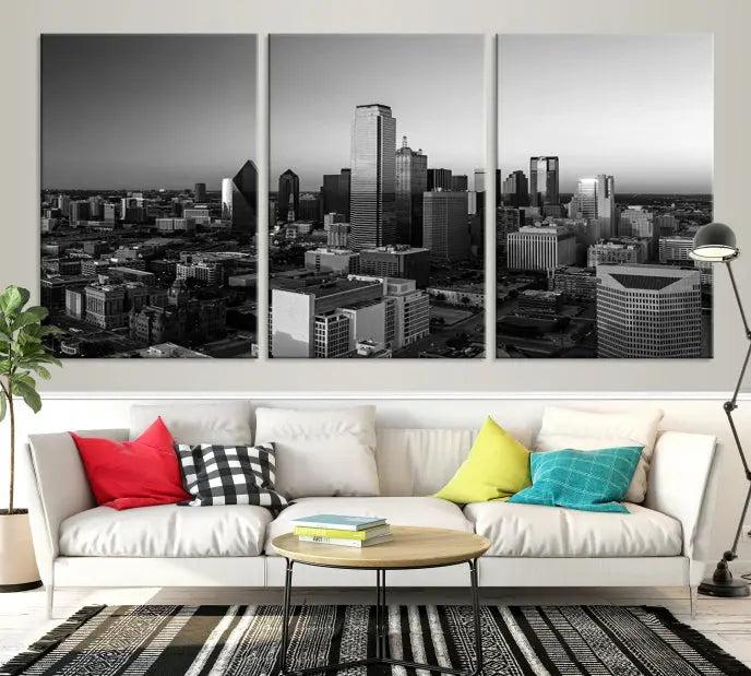 Dallas City Skyline Black and White Wall Art Cityscape Canvas Print.