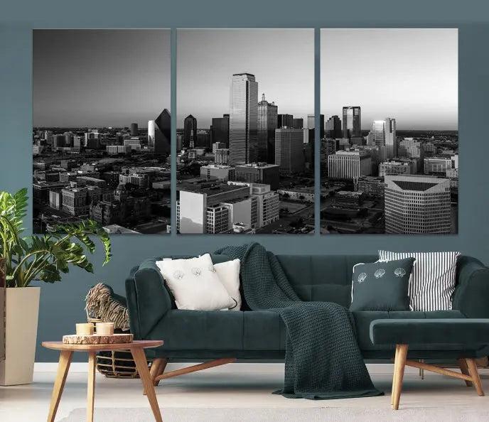 Dallas City Skyline Black and White Wall Art Cityscape Canvas Print.