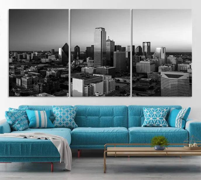 Dallas City Skyline Black and White Wall Art Cityscape Canvas Print.