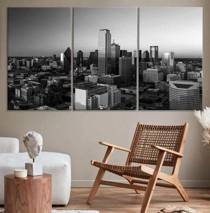 Dallas City Skyline Black and White Wall Art Cityscape Canvas Print.