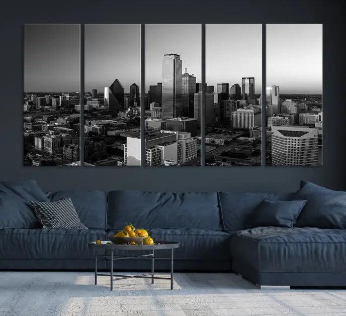 Dallas City Skyline Black and White Wall Art Cityscape Canvas Print.