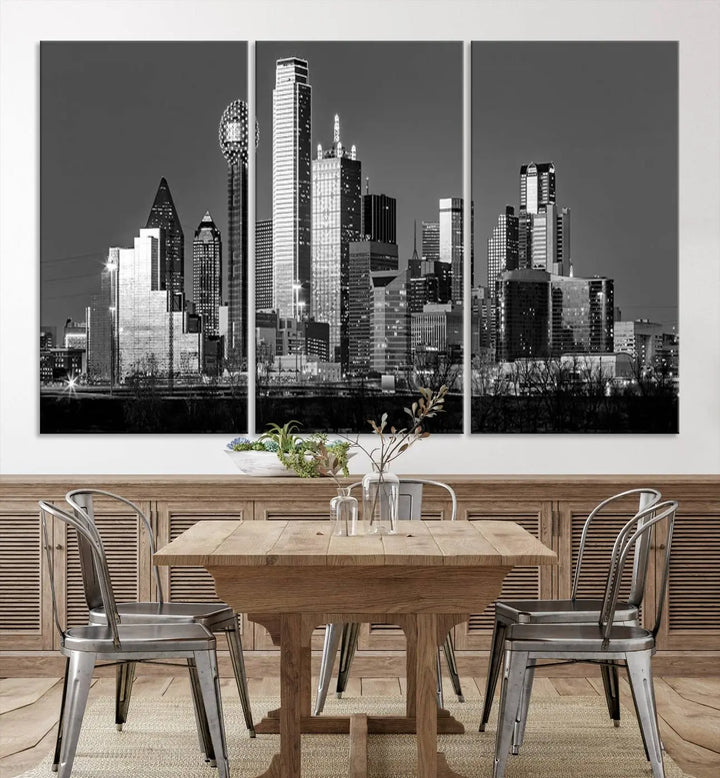 The Dallas City Skyline Black and White Wall Art Cityscape Canvas Print features a gallery-wrapped, museum-quality finish.