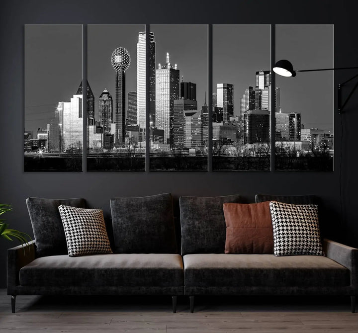 The Dallas City Skyline Black and White Wall Art Cityscape Canvas Print features a gallery-wrapped, museum-quality finish.