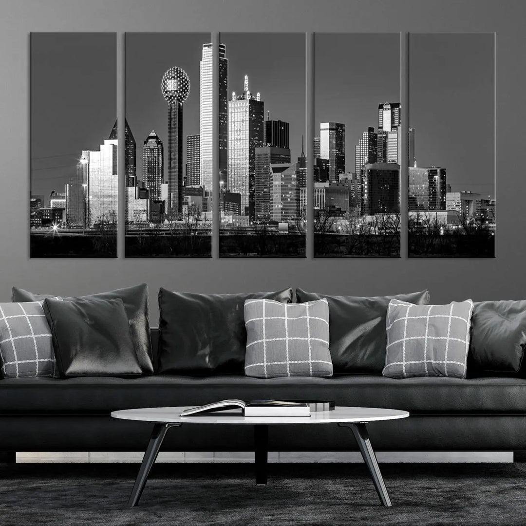 The Dallas City Skyline Black and White Wall Art Cityscape Canvas Print features a gallery-wrapped, museum-quality finish.