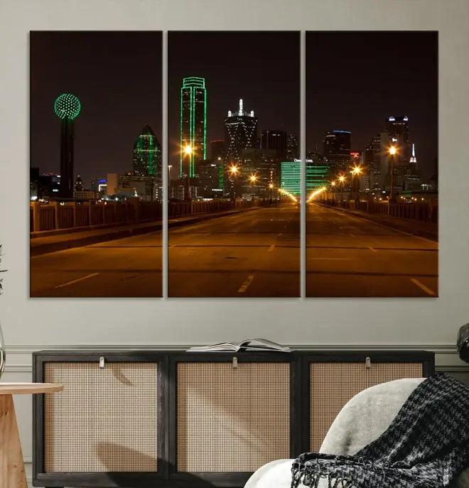 Dallas City Street Lights Night Skyline Cityscape View Wall Art Canvas Print, gallery wrapped on museum-quality canvas.