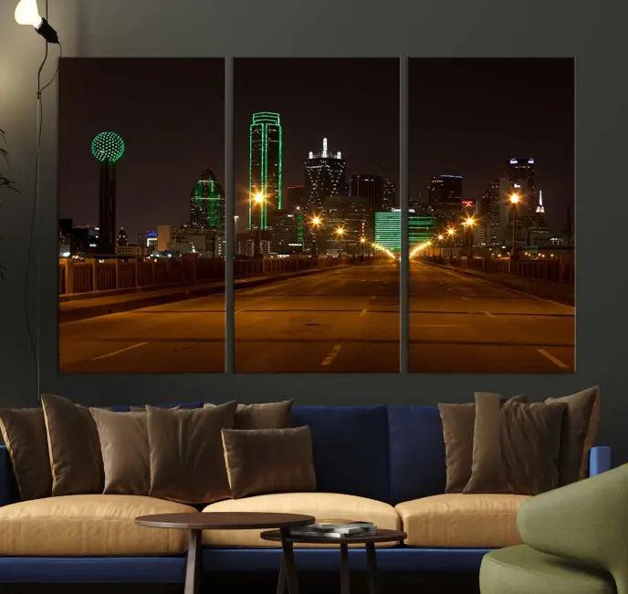 Dallas City Street Lights Night Skyline Cityscape View Wall Art Canvas Print, gallery wrapped on museum-quality canvas.