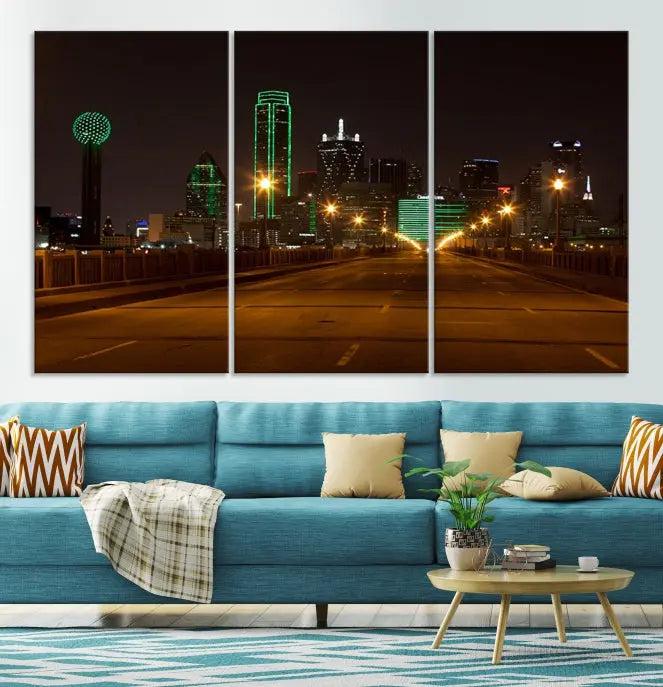 Dallas City Street Lights Night Skyline Cityscape View Wall Art Canvas Print 