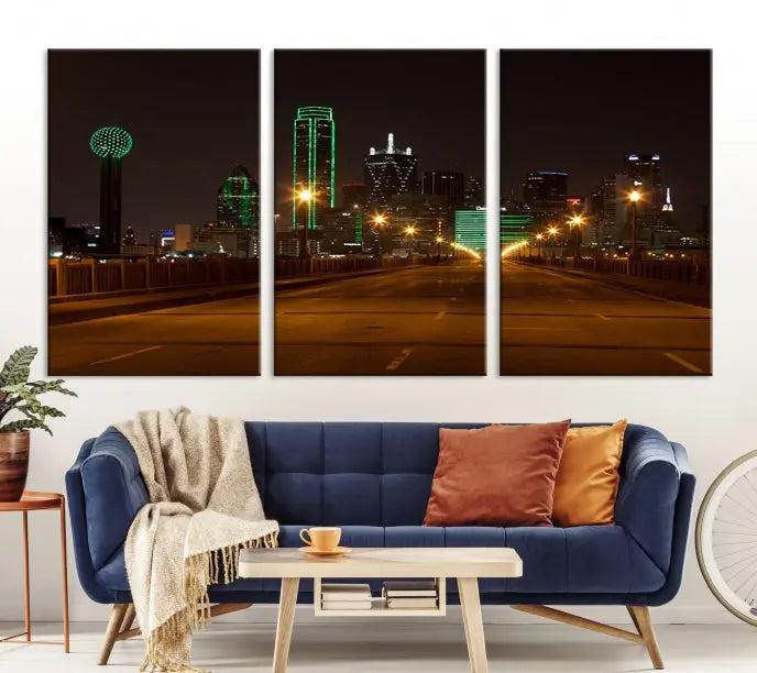 Dallas City Street Lights Night Skyline Cityscape View Wall Art Canvas Print 