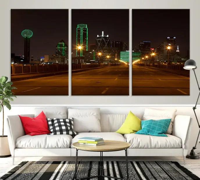 Dallas City Street Lights Night Skyline Cityscape View Wall Art Canvas Print 