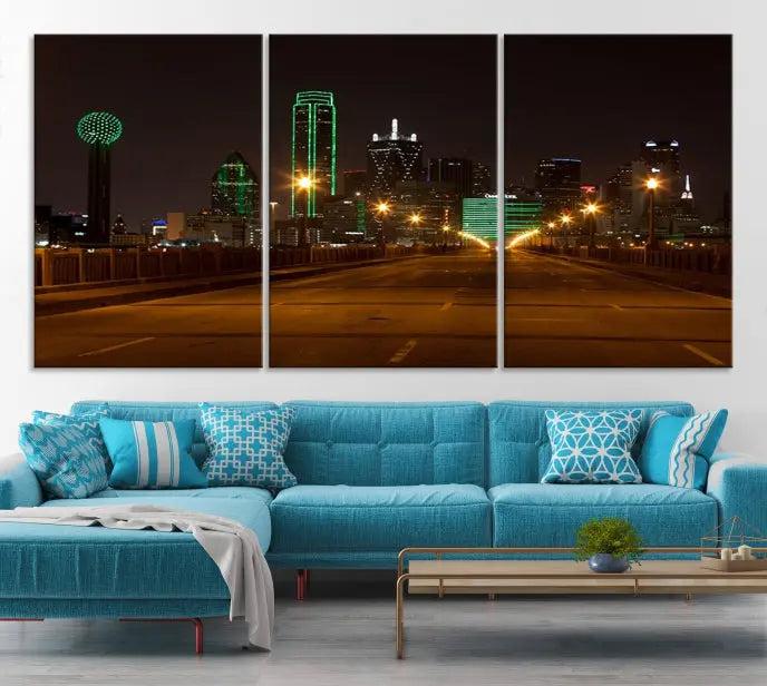 Dallas City Street Lights Night Skyline Cityscape View Wall Art Canvas Print 