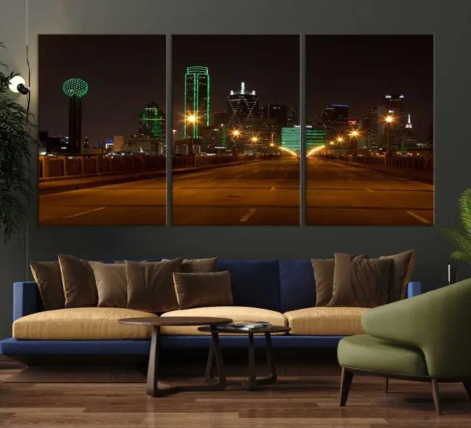 Dallas City Street Lights Night Skyline Cityscape View Wall Art Canvas Print 