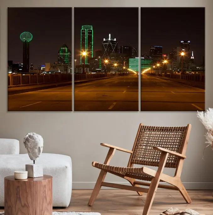 Dallas City Street Lights Night Skyline Cityscape View Wall Art Canvas Print 