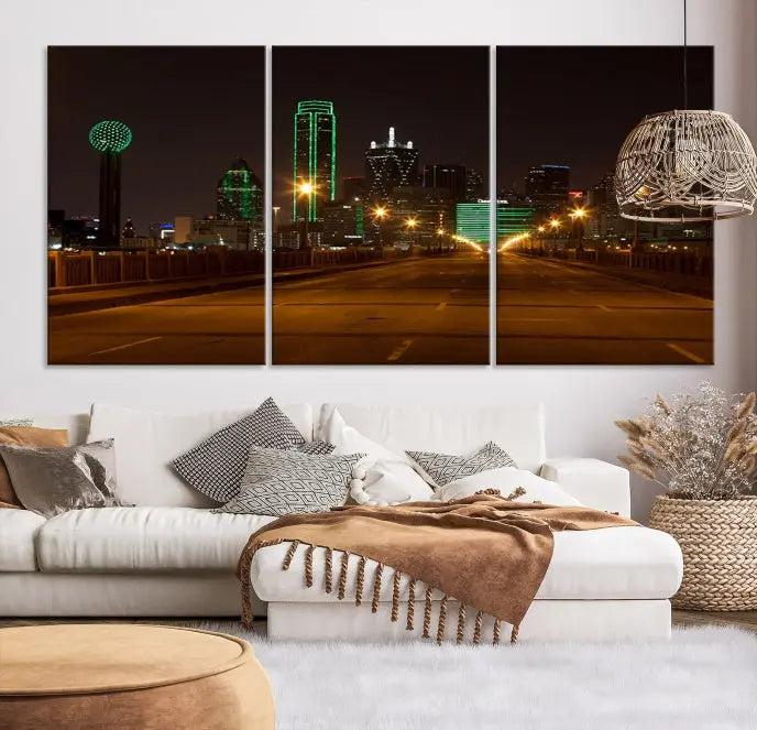 Dallas City Street Lights Night Skyline Cityscape View Wall Art Canvas Print 