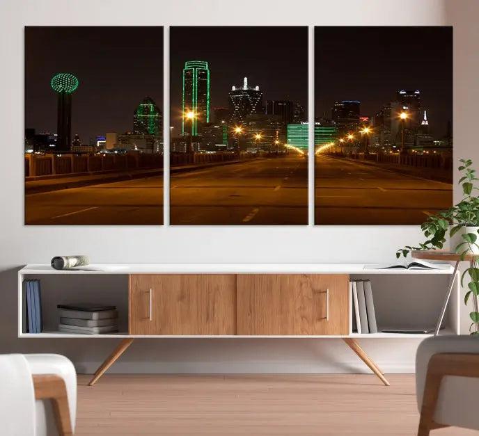 Dallas City Street Lights Night Skyline Cityscape View Wall Art Canvas Print 