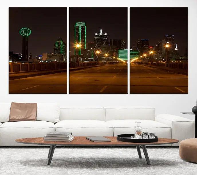 Dallas City Street Lights Night Skyline Cityscape View Wall Art Canvas Print 