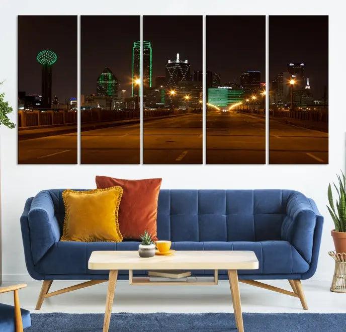 Dallas City Street Lights Night Skyline Cityscape View Wall Art Canvas Print 