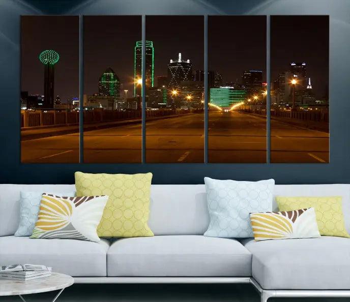 Dallas City Street Lights Night Skyline Cityscape View Wall Art Canvas Print 