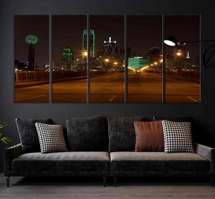 Dallas City Street Lights Night Skyline Cityscape View Wall Art Canvas Print 