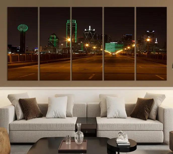 Dallas City Street Lights Night Skyline Cityscape View Wall Art Canvas Print 