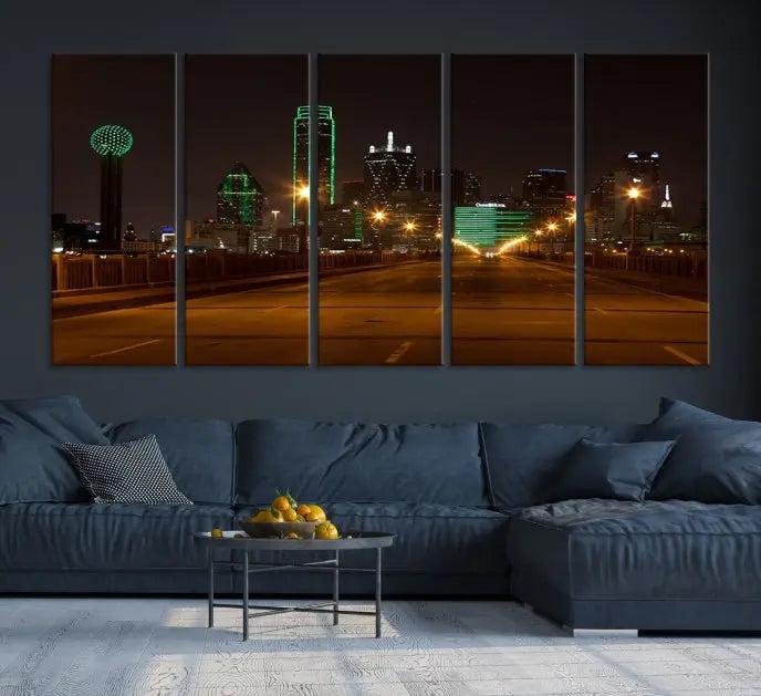 Dallas City Street Lights Night Skyline Cityscape View Wall Art Canvas Print 