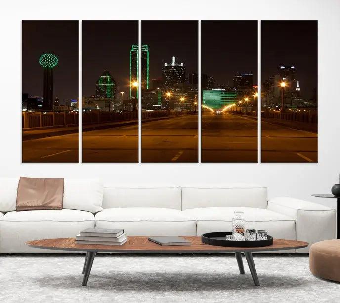 Dallas City Street Lights Night Skyline Cityscape View Wall Art Canvas Print 