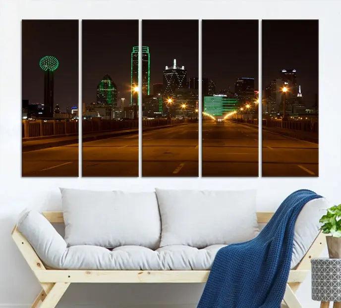 Dallas City Street Lights Night Skyline Cityscape View Wall Art Canvas Print 