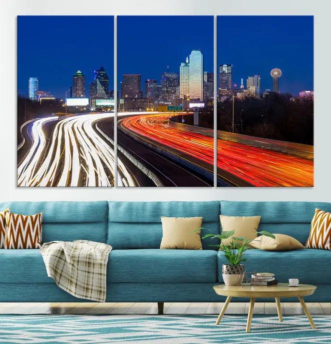 A gallery-wrapped triptych wall art, titled "Dallas City Street Lights Night Skyline Cityscape View Wall Art Canvas Print," is crafted from museum-quality canvas and ensures elegance and convenience for your space. It comes complete with free shipping.